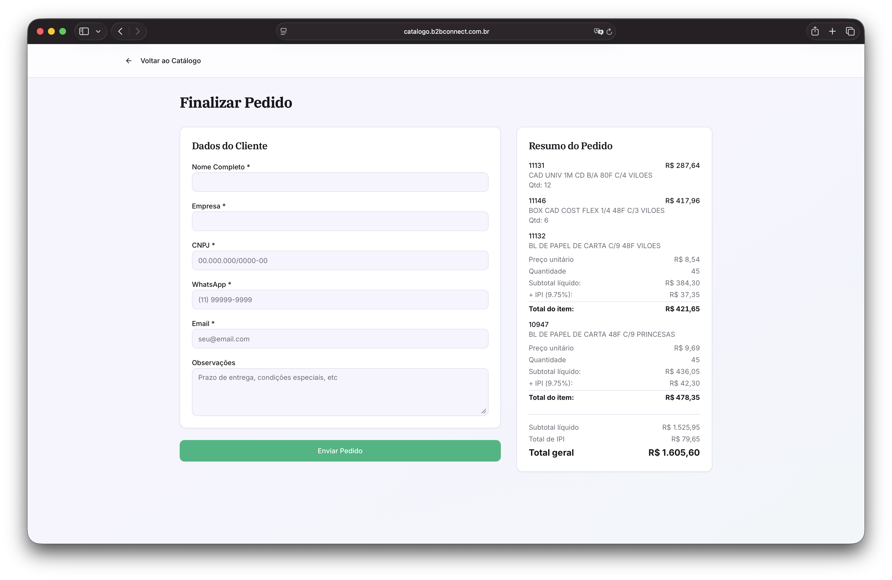 Tela de checkout do b2bconnect