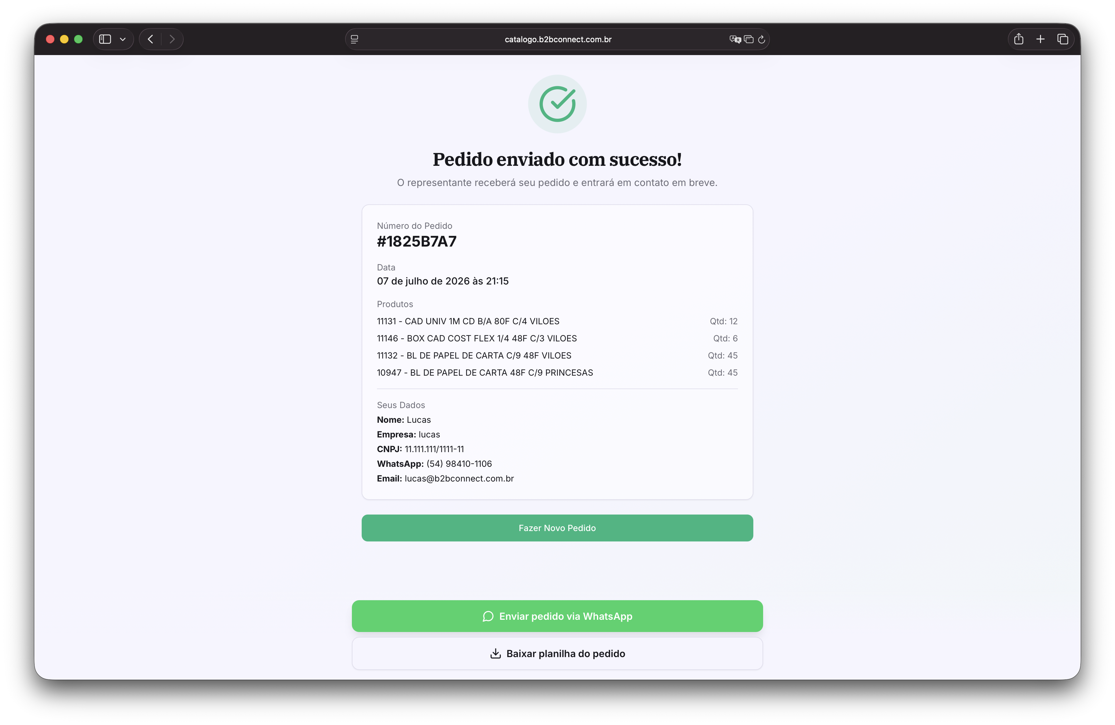 Confirmação de pedido enviado com sucesso
